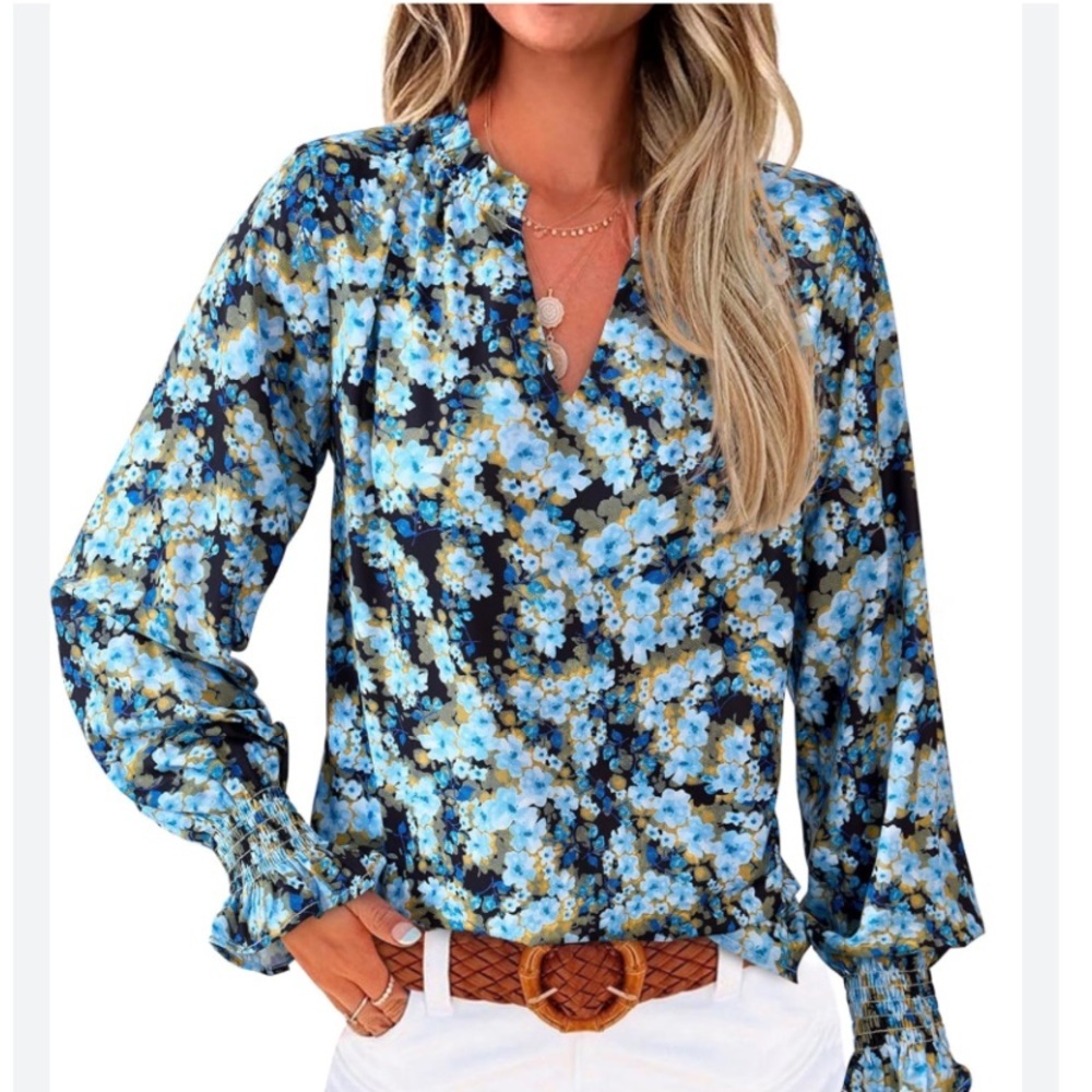 Amazon Blue Floral V-Neck Long Sleeve Blouse